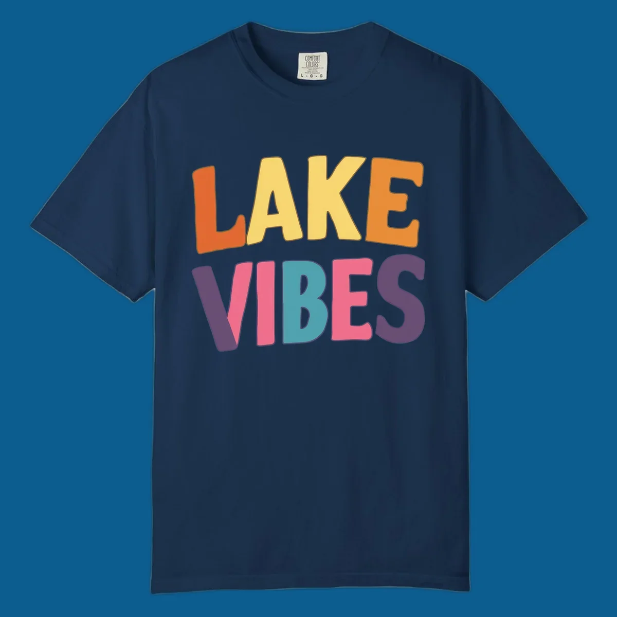 Lake Vibes text design with colorful retro lettering, perfect for lake enthusiasts.