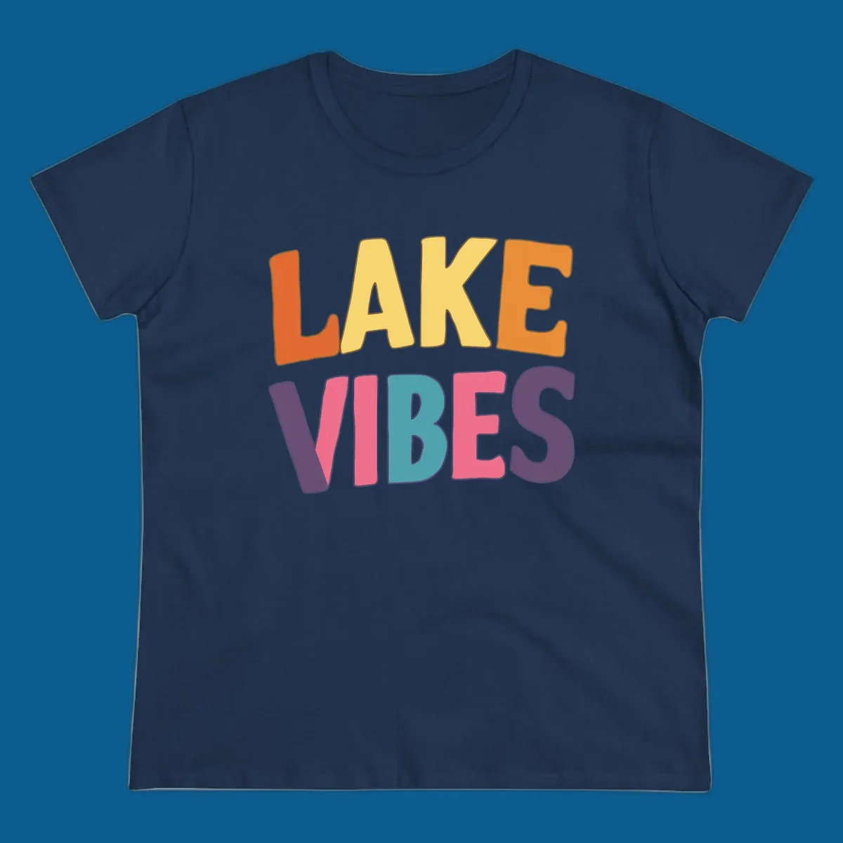 Lake Vibes text design with colorful retro lettering, perfect for lake enthusiasts.