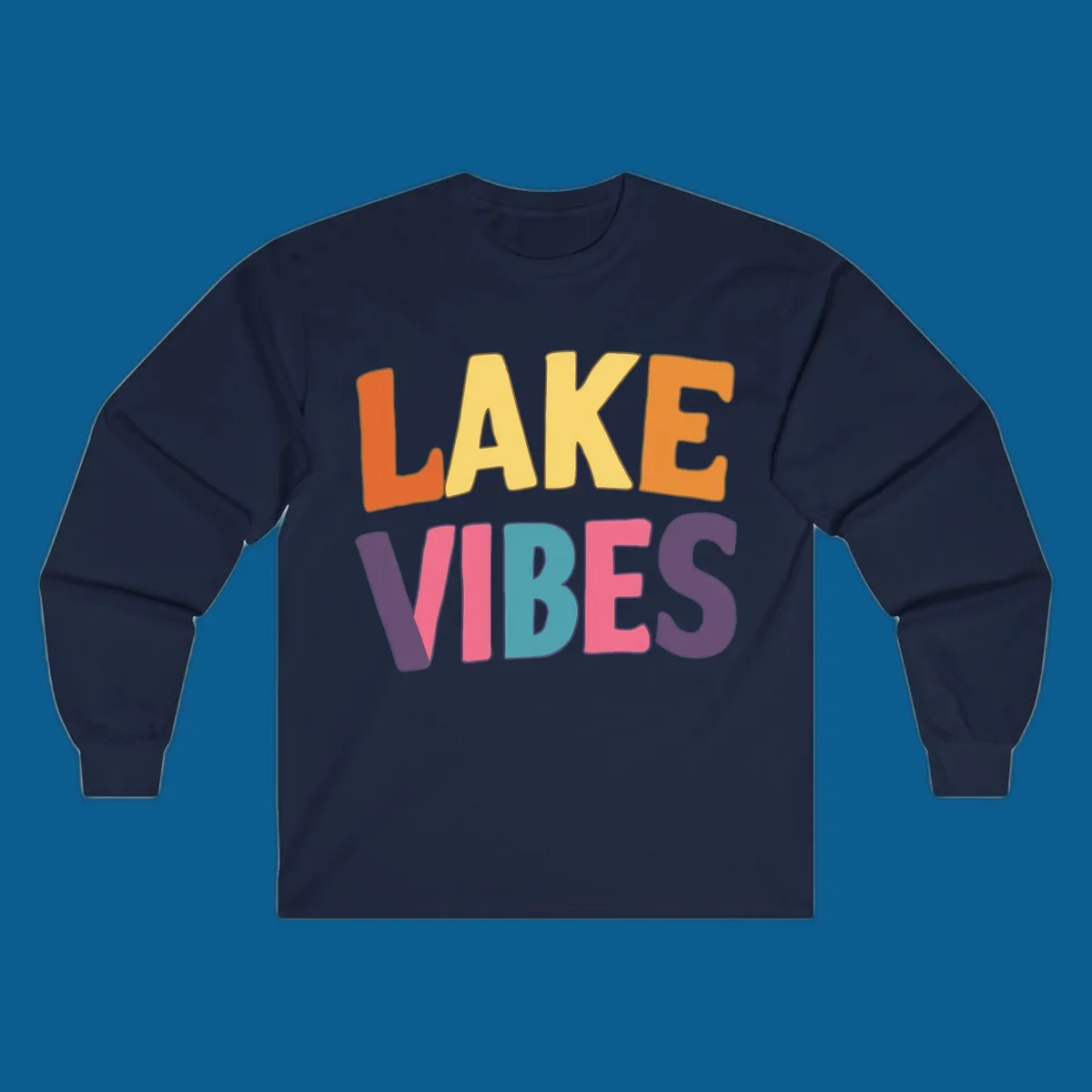 Lake Vibes text design with colorful retro lettering, perfect for lake enthusiasts.
