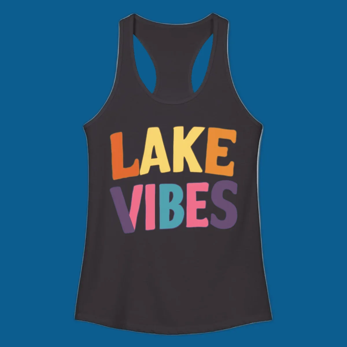 Lake Vibes text design with colorful retro lettering, perfect for lake enthusiasts.