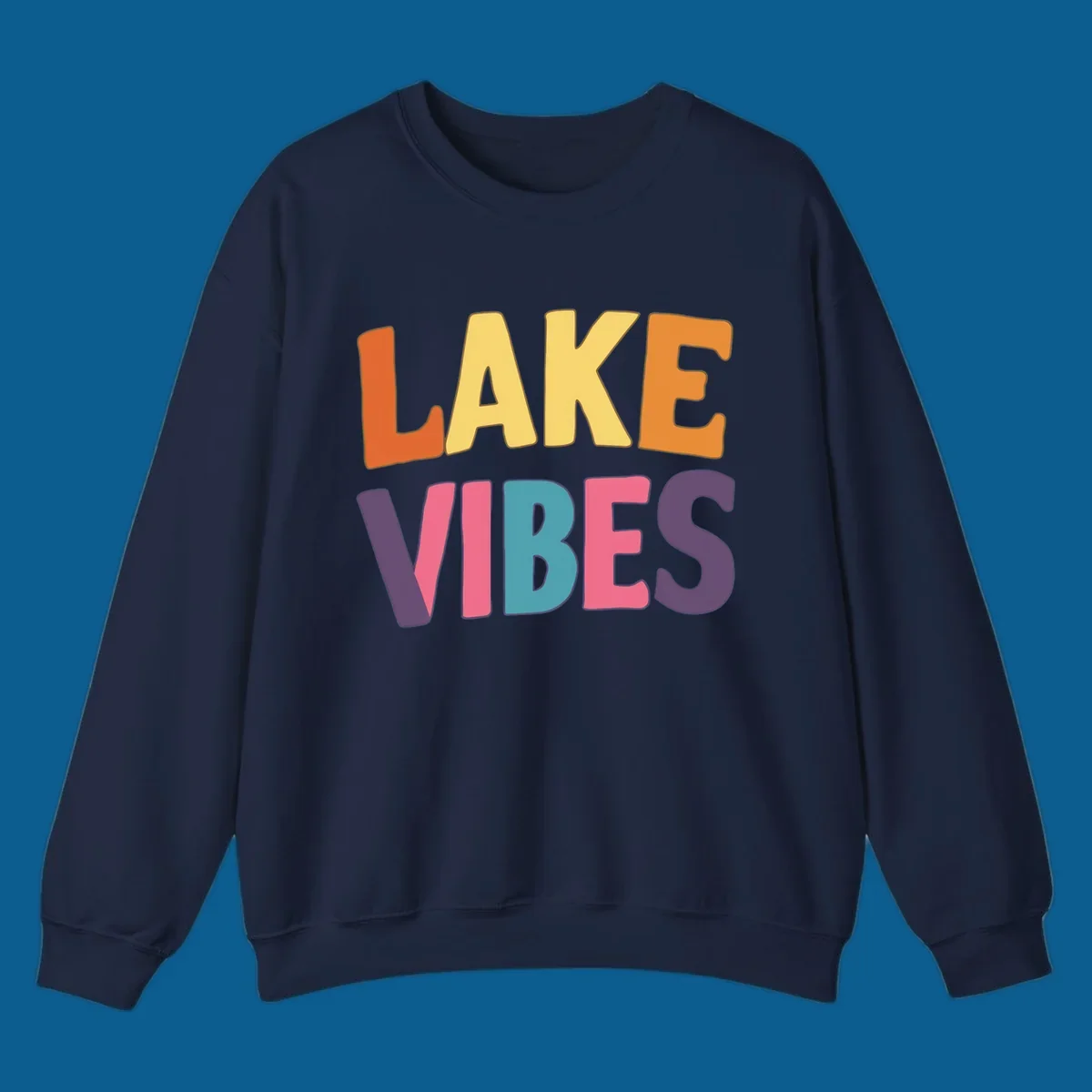 Lake Vibes text design with colorful retro lettering, perfect for lake enthusiasts.