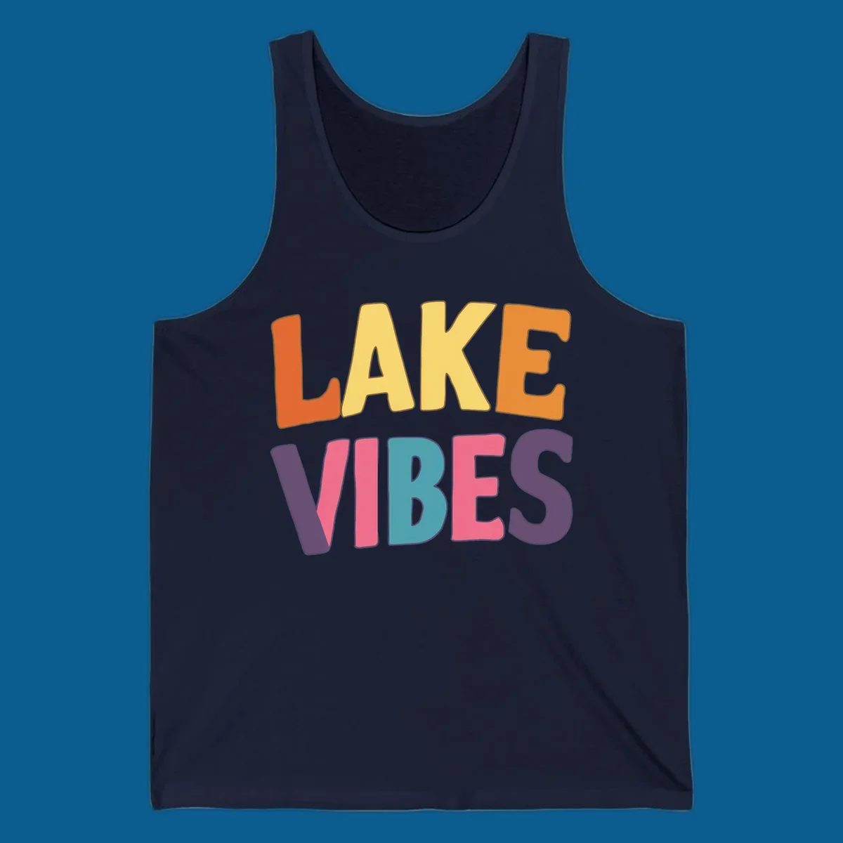 Lake Vibes text design with colorful retro lettering, perfect for lake enthusiasts.