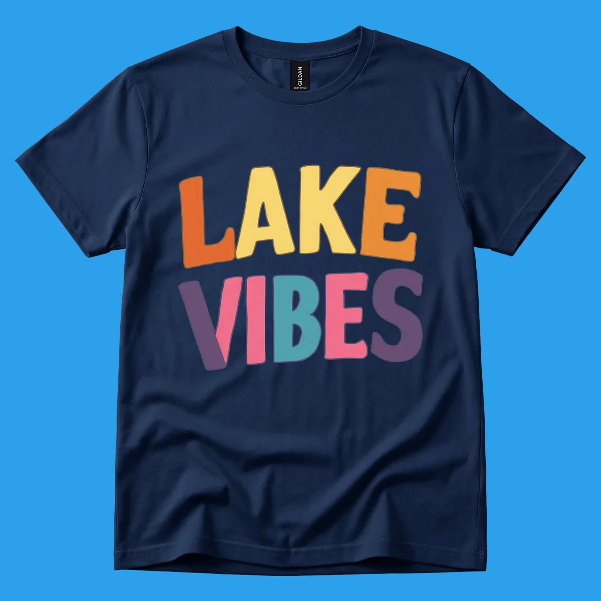 Lake Vibes text design with colorful retro lettering, perfect for lake enthusiasts.