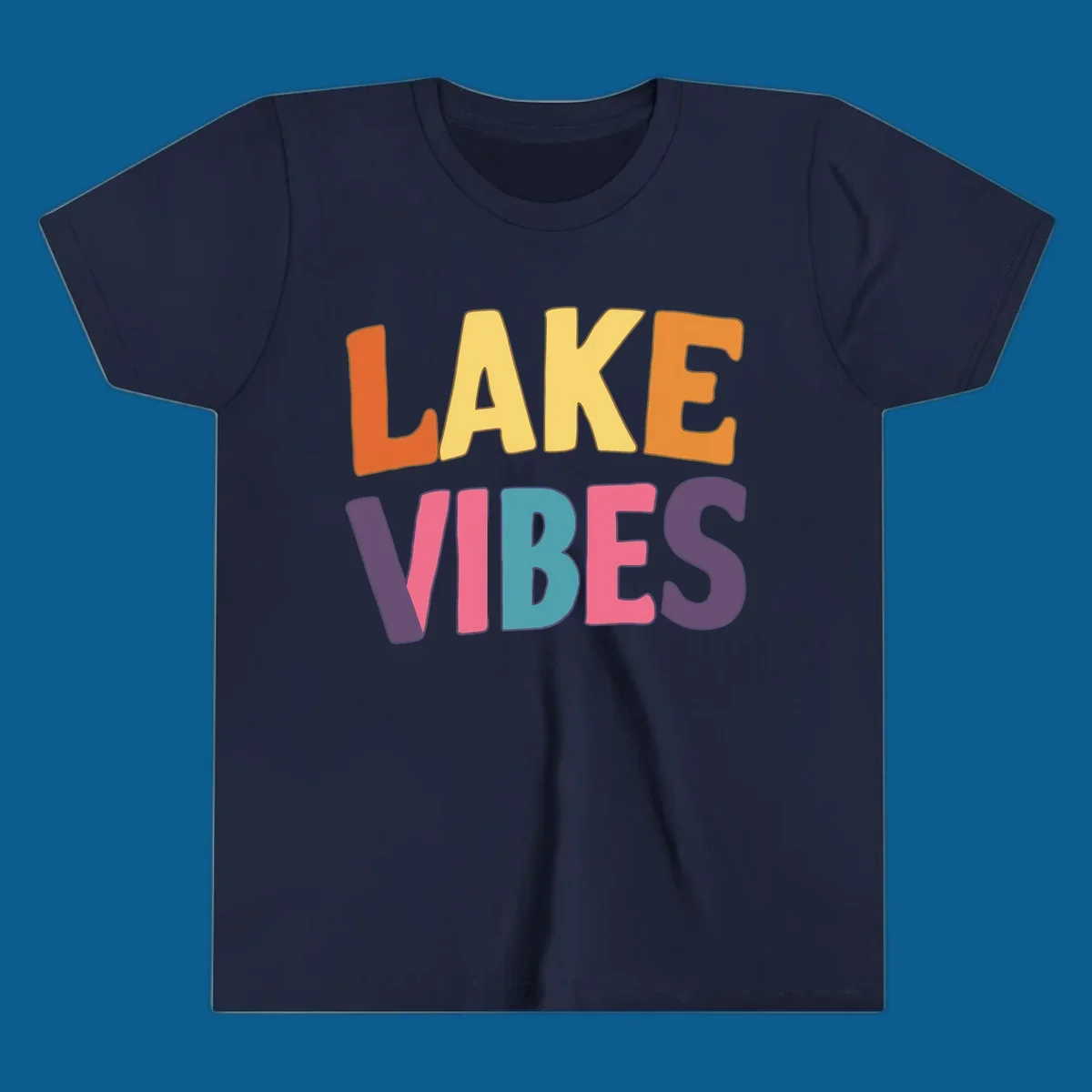 Lake Vibes text design with colorful retro lettering, perfect for lake enthusiasts.