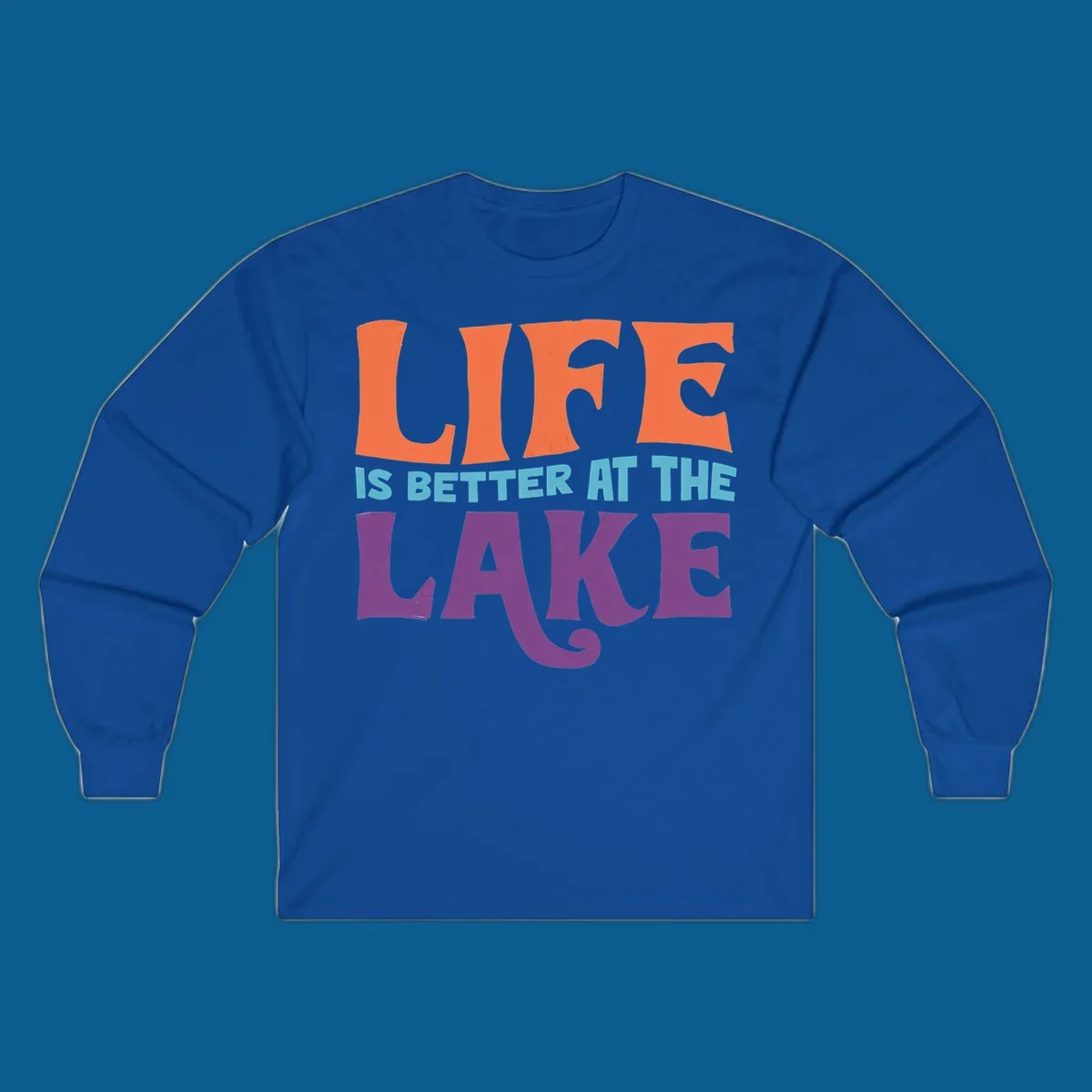 Retro typography design stating "LIFE IS BETTER AT THE LAKE" in orange, teal, and purple.