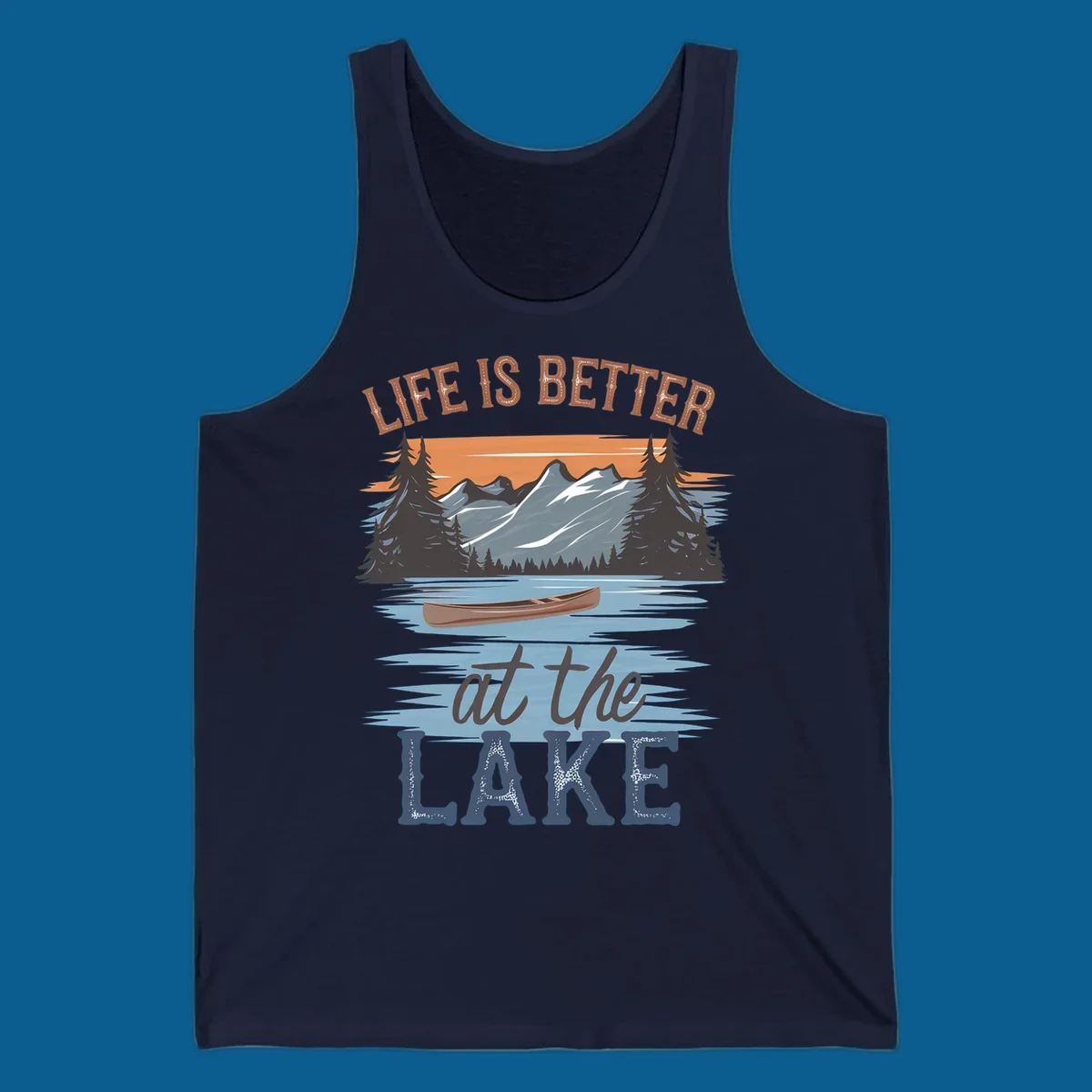 Life is better at the lake scenic design with mountains, canoe, and text.