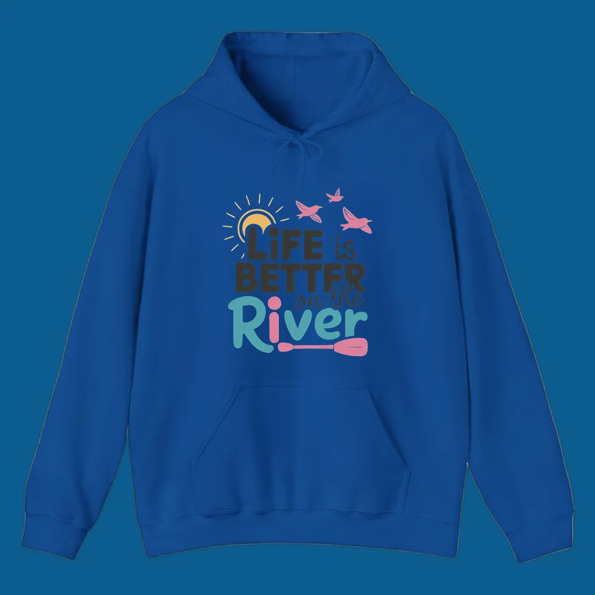 Life is better on the river quote with sun, birds, and paddle graphic.