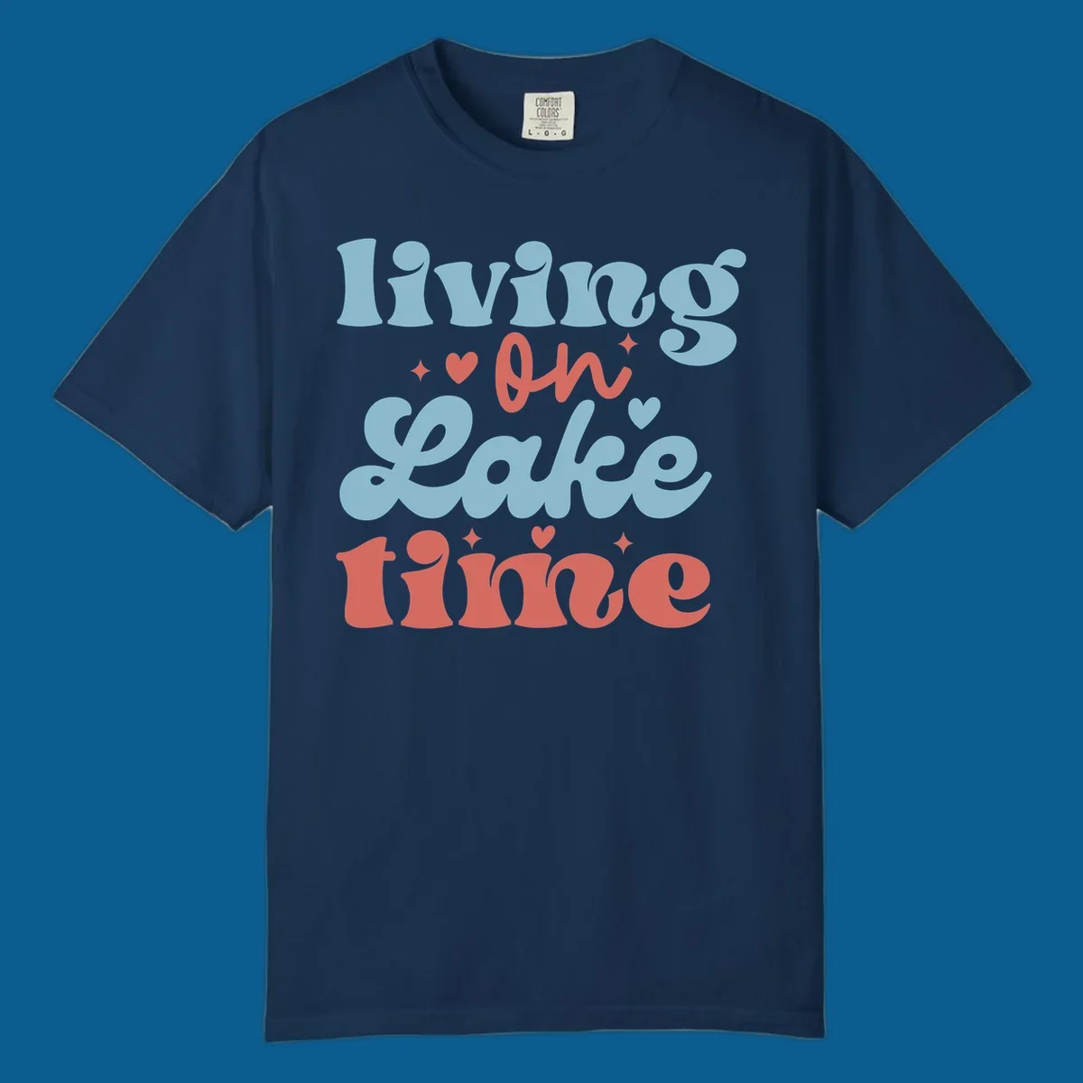 Living on Lake time retro groovy text design with hearts and sparkles