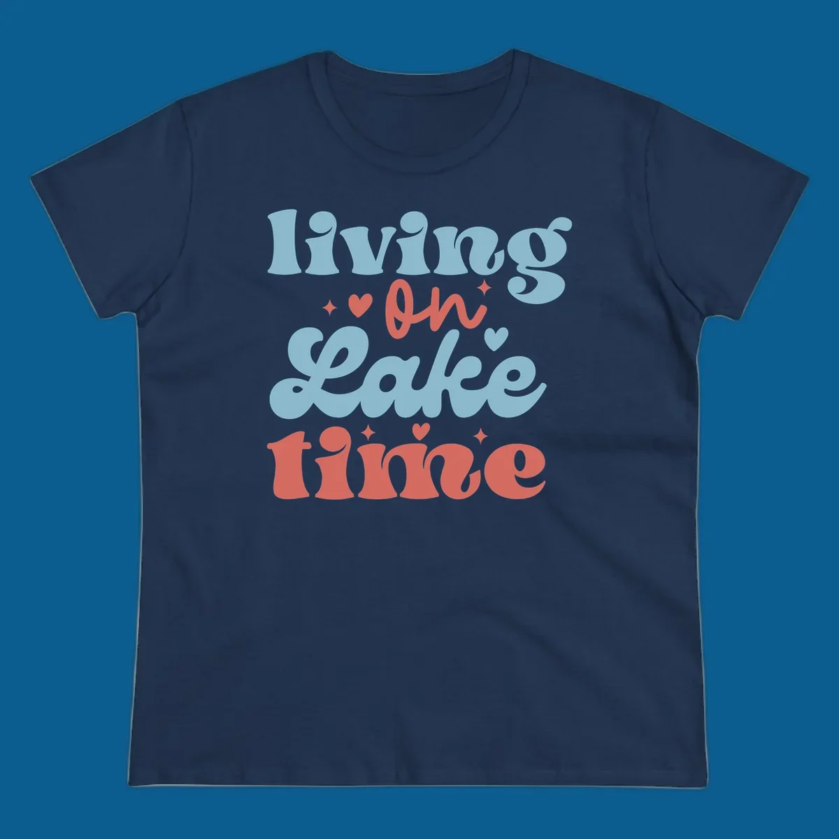 Living on Lake time retro groovy text design with hearts and sparkles