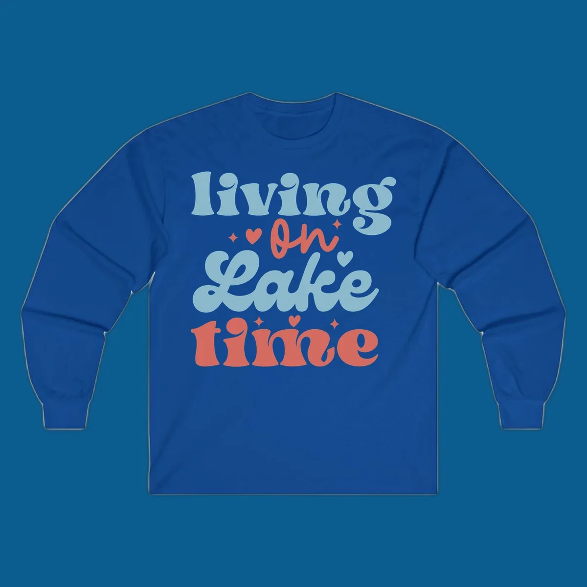 Living on Lake time retro groovy text design with hearts and sparkles