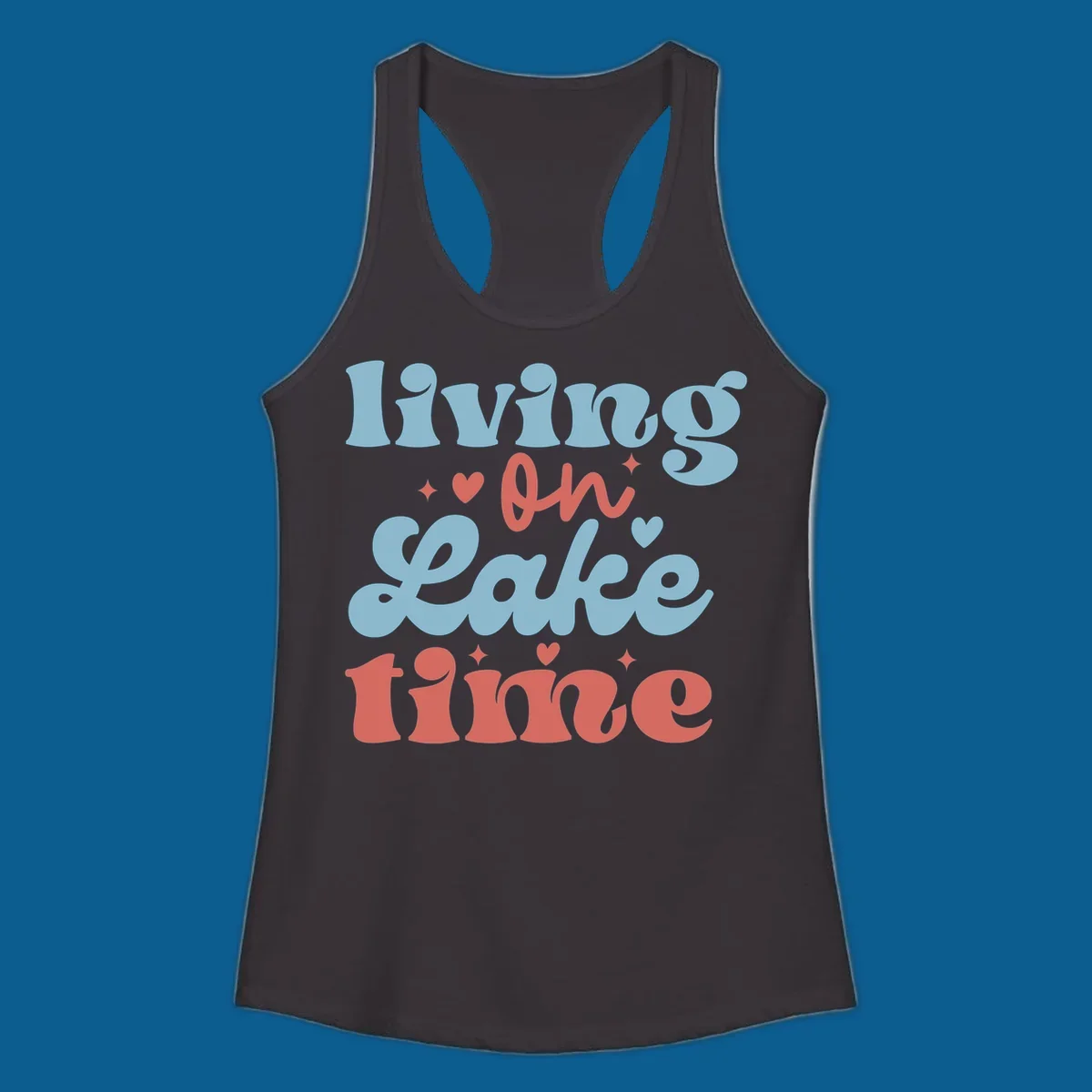 Living on Lake time retro groovy text design with hearts and sparkles