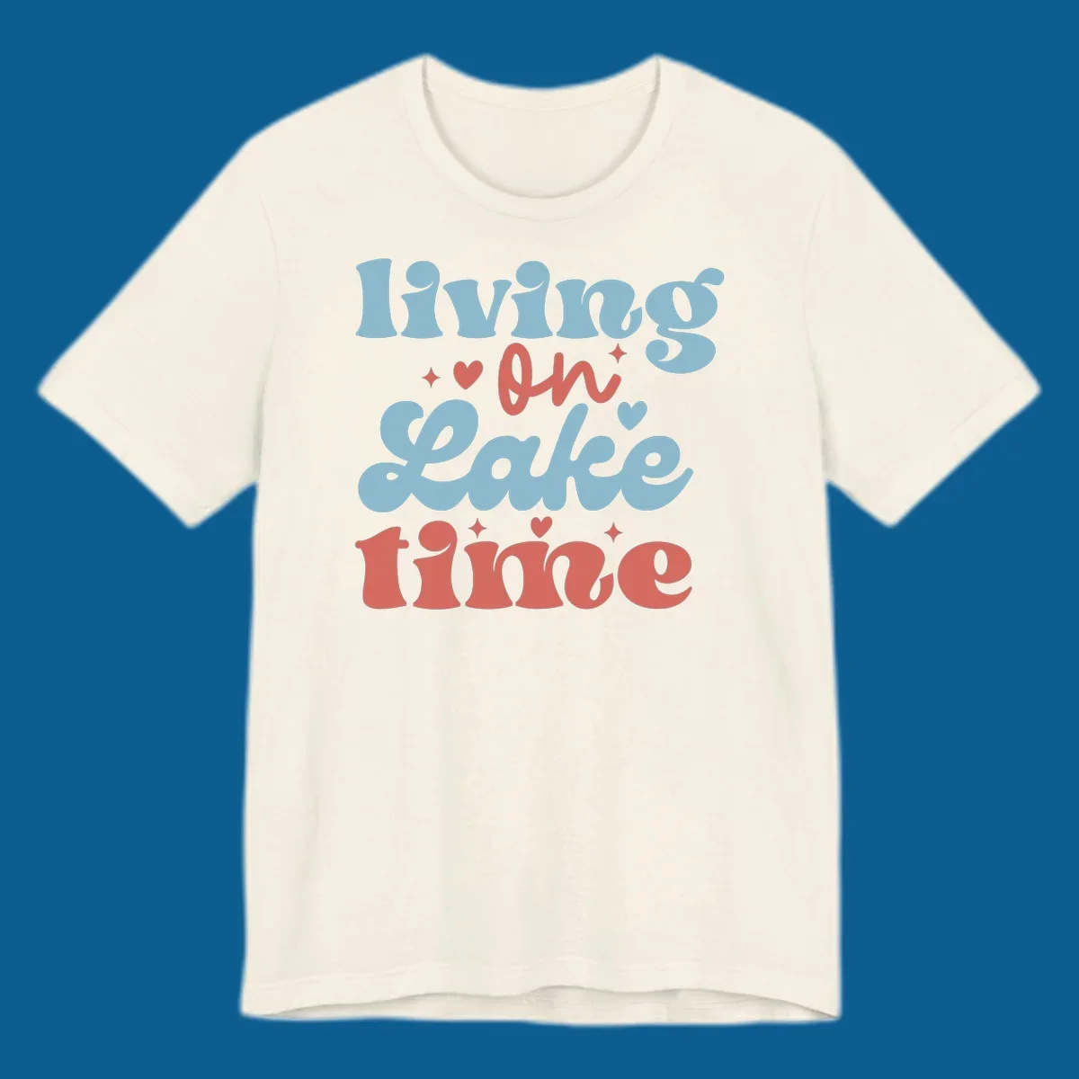 Living on Lake time retro groovy text design with hearts and sparkles