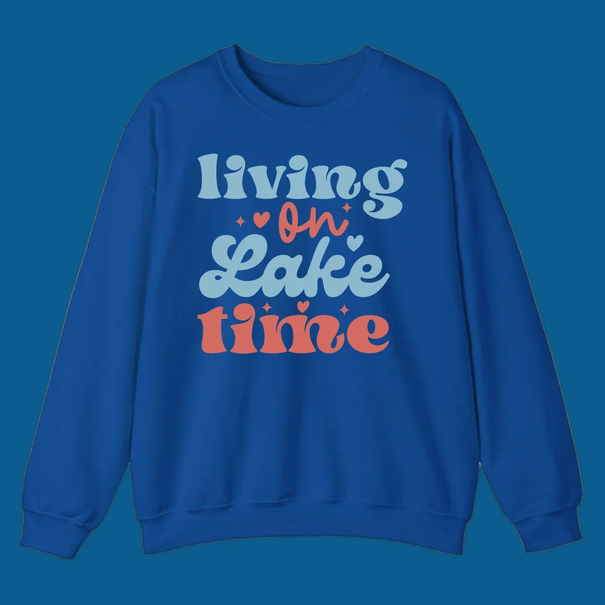 Living on Lake time retro groovy text design with hearts and sparkles