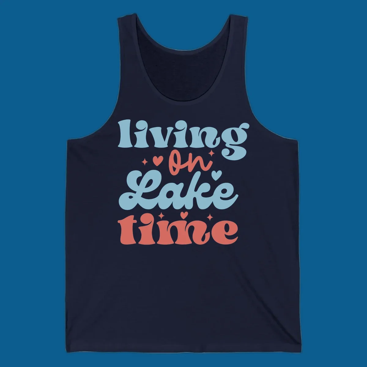 Living on Lake time retro groovy text design with hearts and sparkles
