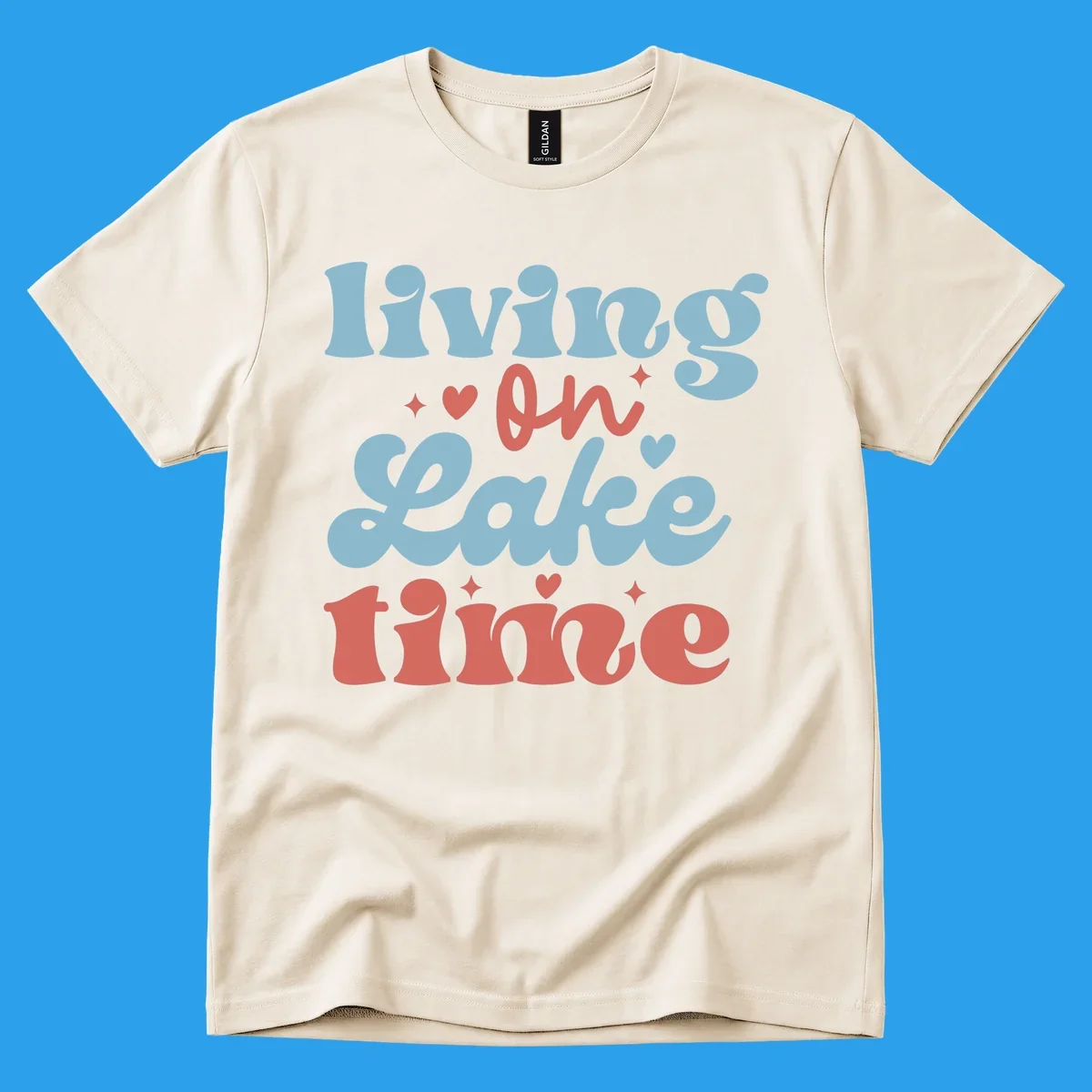 Living on Lake time retro groovy text design with hearts and sparkles