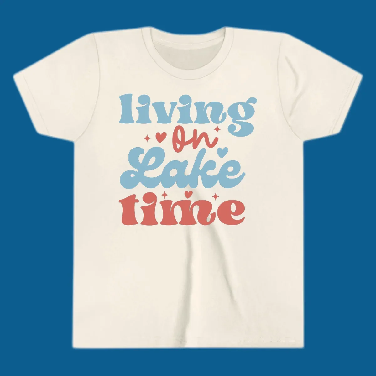 Living on Lake time retro groovy text design with hearts and sparkles