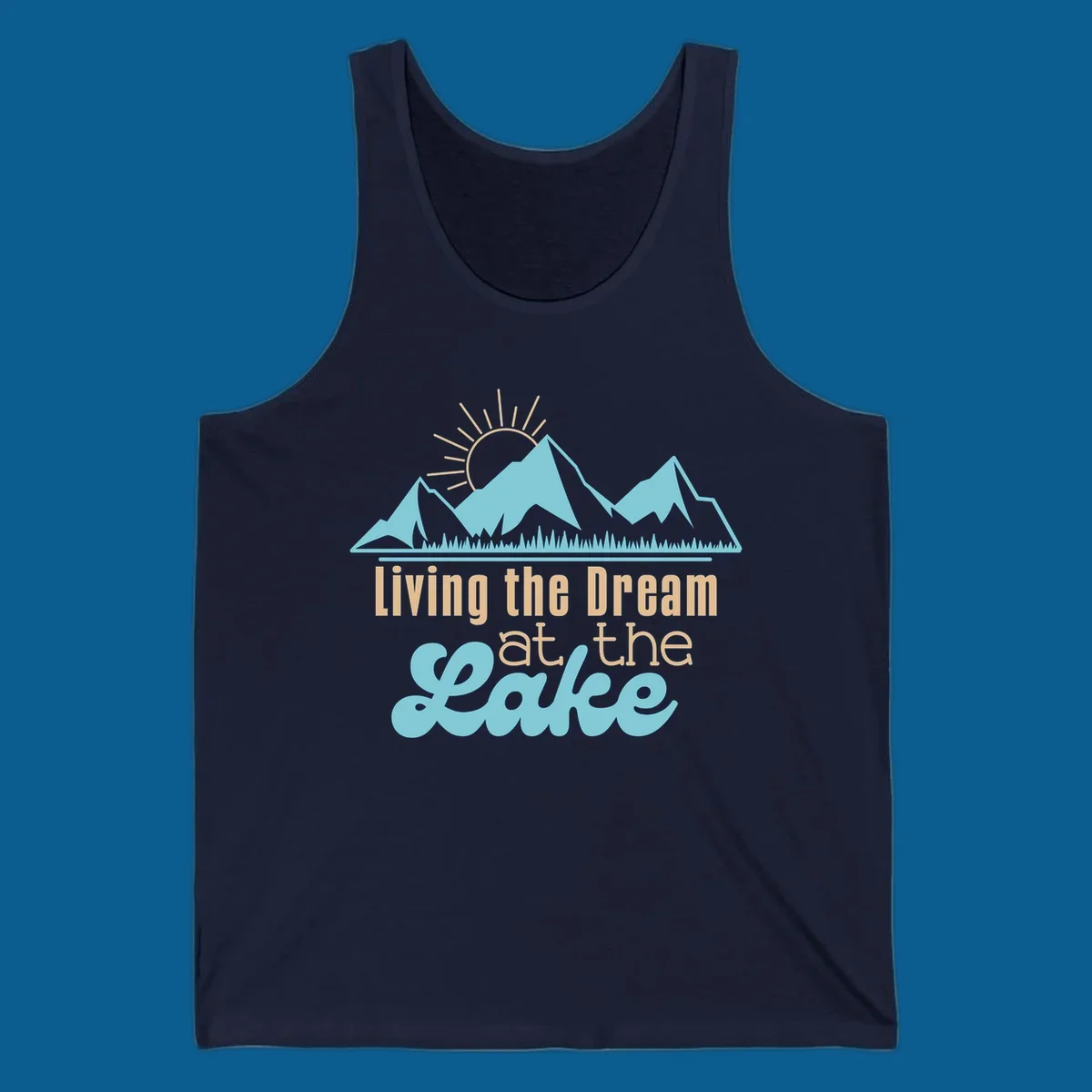 Scenic mountain range with sun and text 'Living the Dream at the Lake'.