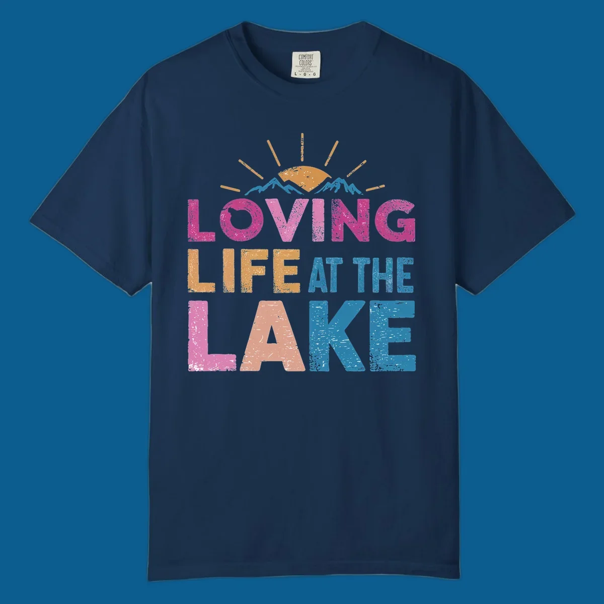 Loving Life At The Lake text with sun and mountains graphic, lake-life-appreciation