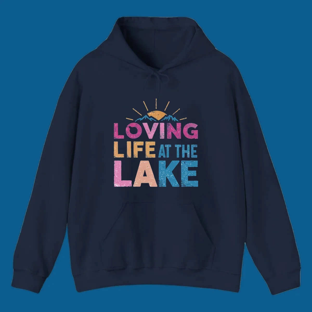 Loving Life At The Lake text with sun and mountains graphic, lake-life-appreciation