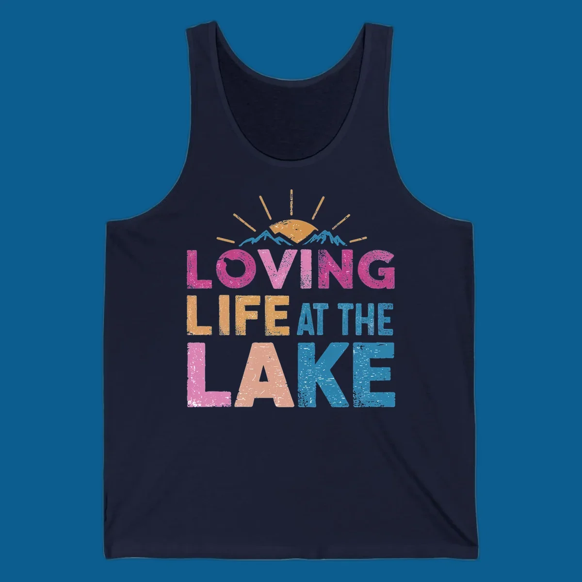 Loving Life At The Lake text with sun and mountains graphic, lake-life-appreciation