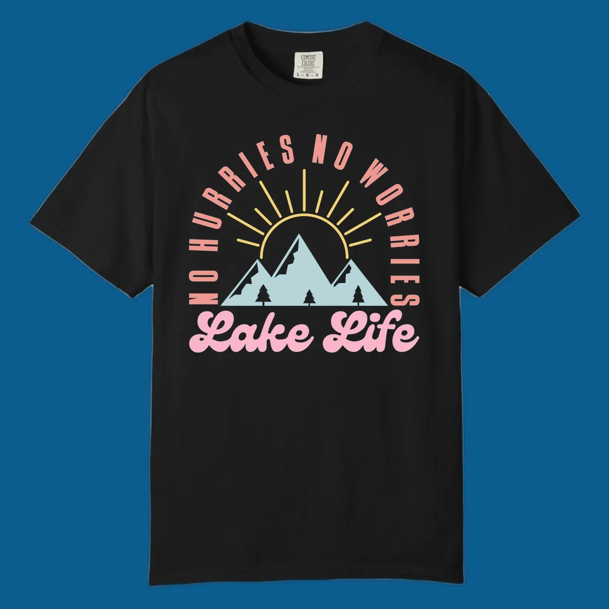 No worries lake life mountain and sun graphic. 