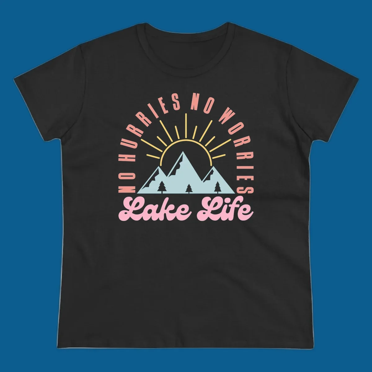 No worries lake life mountain and sun graphic. 