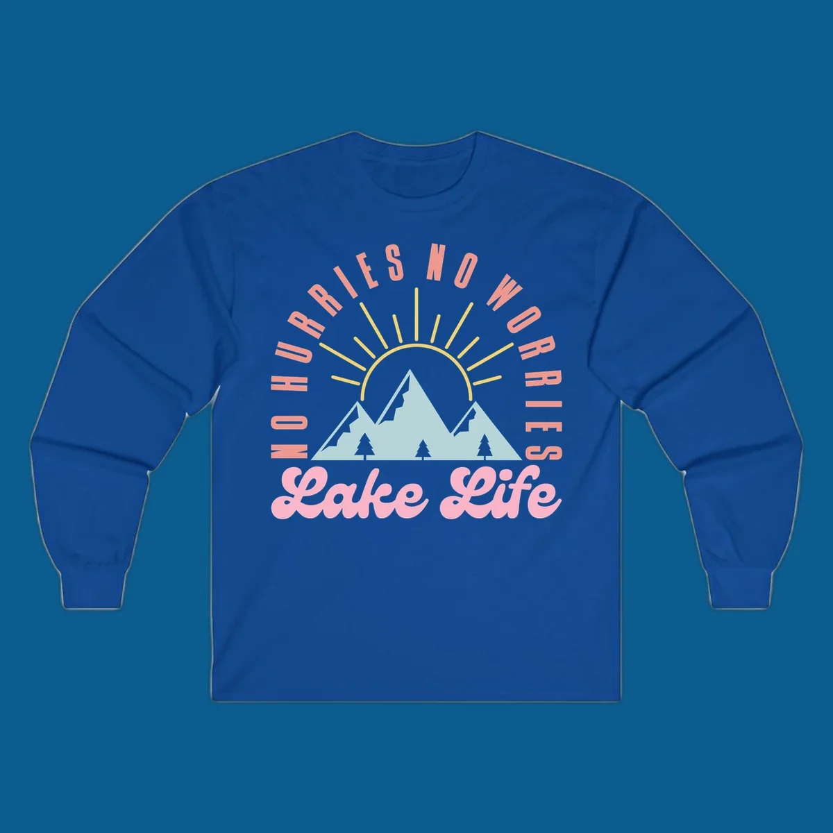 No worries lake life mountain and sun graphic. 