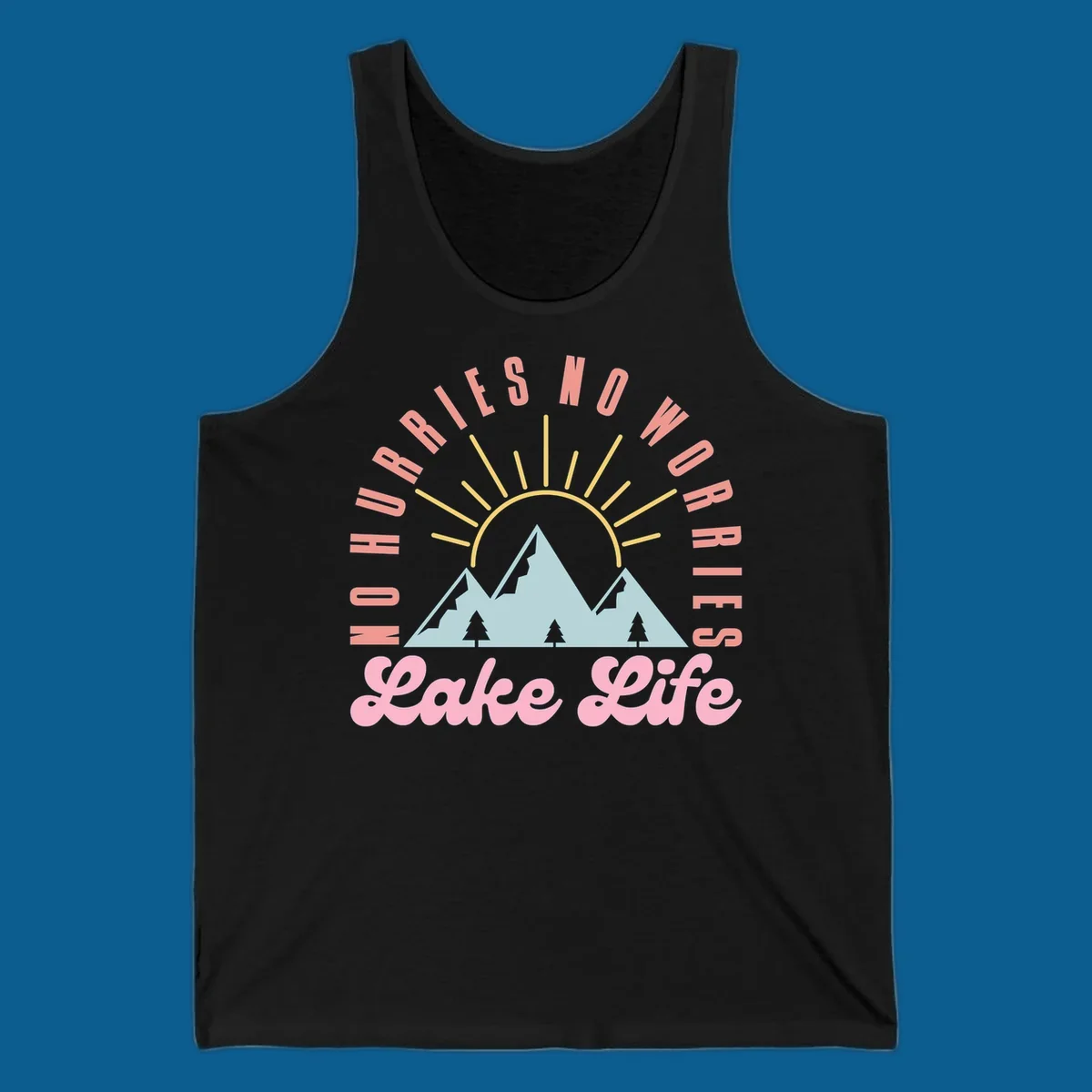 No worries lake life mountain and sun graphic. 
