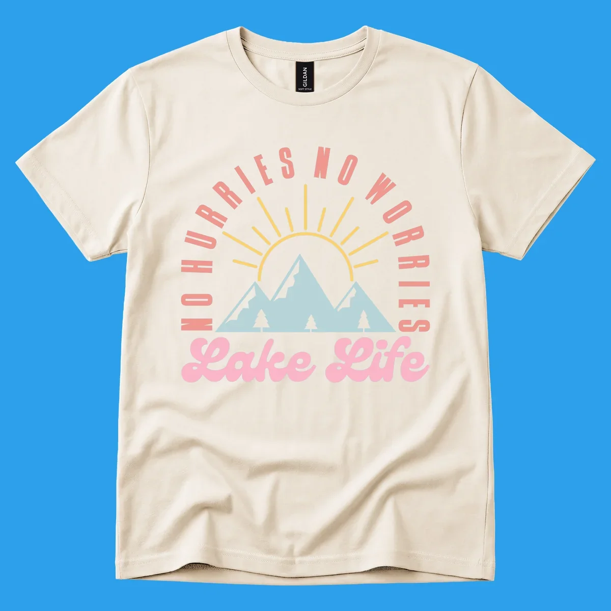 No worries lake life mountain and sun graphic. 
