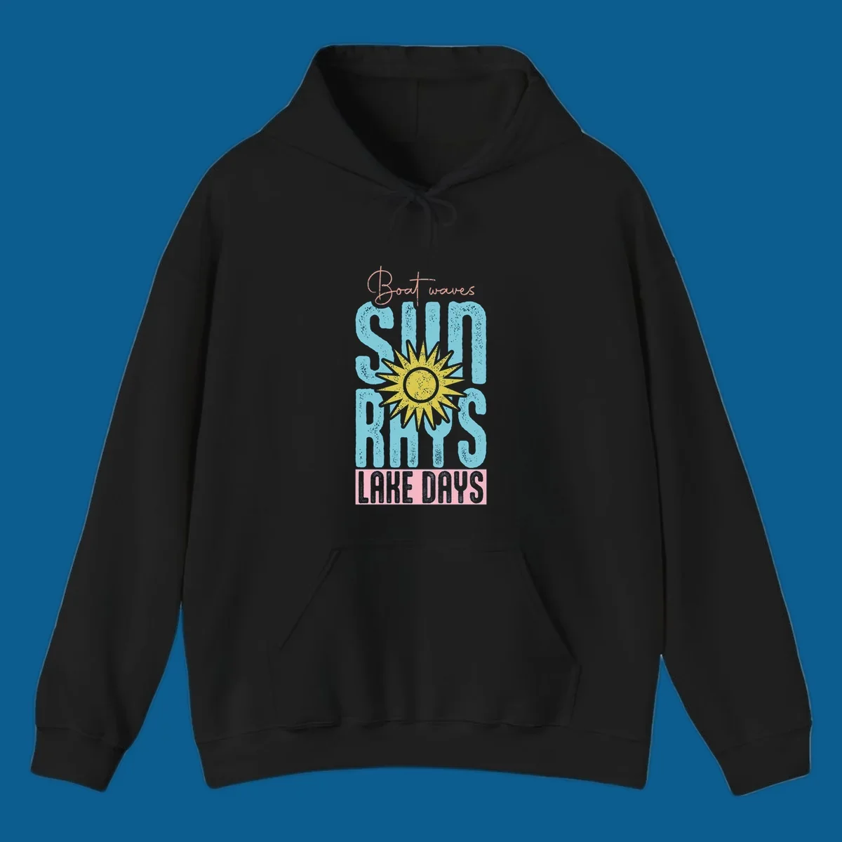 Boat waves sun rays lake days text design with a distressed sun illustration.