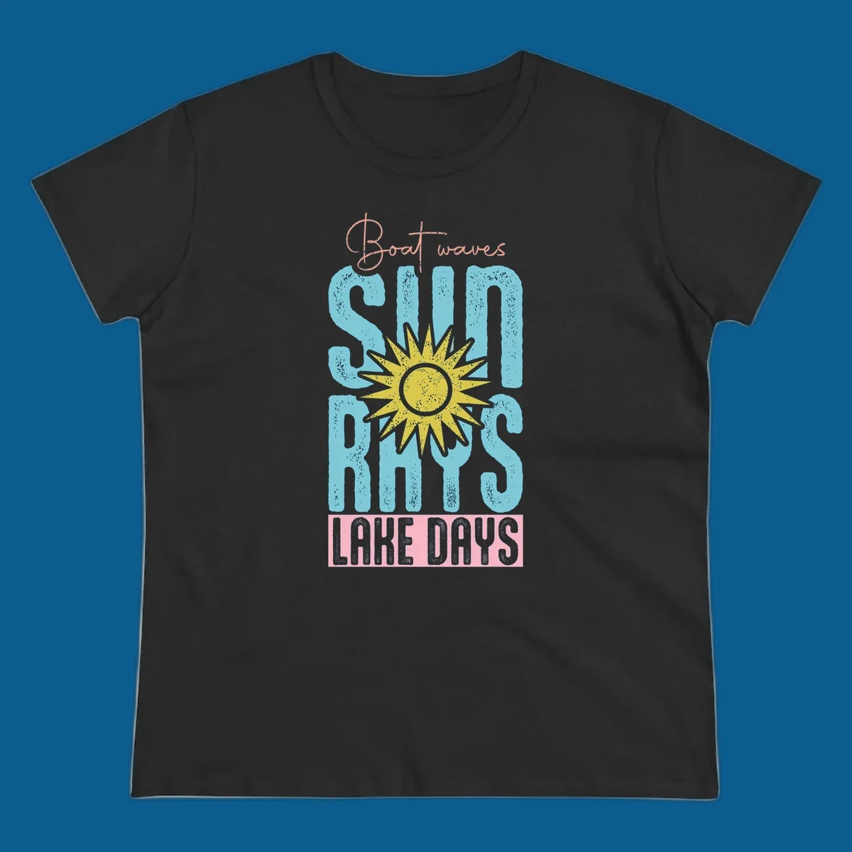 Boat waves sun rays lake days text design with a distressed sun illustration.