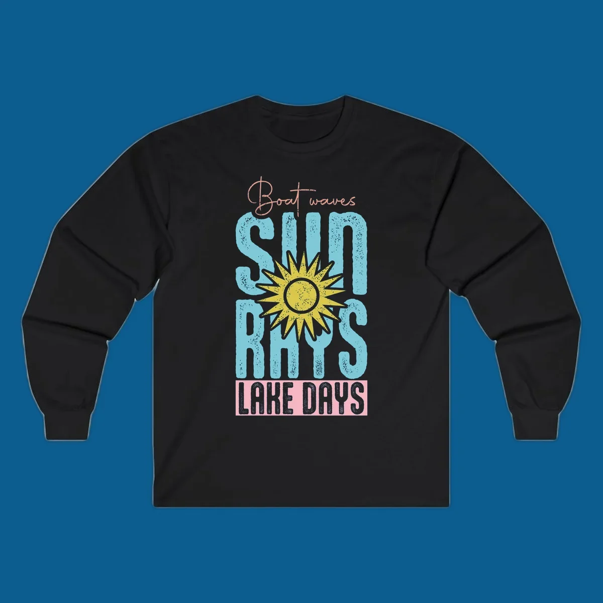 Boat waves sun rays lake days text design with a distressed sun illustration.