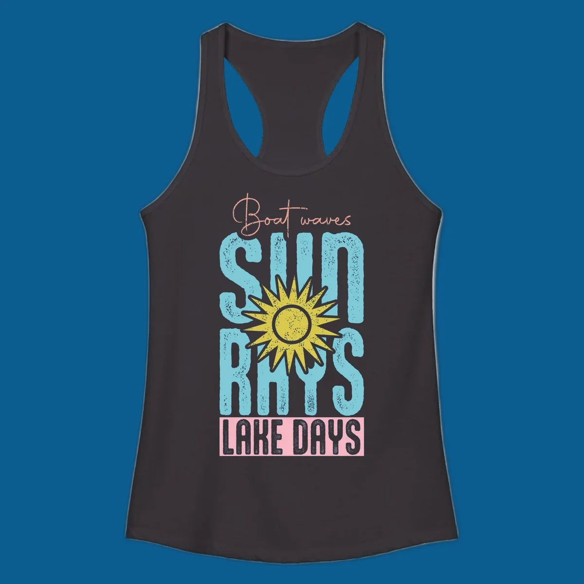 Boat waves sun rays lake days text design with a distressed sun illustration.