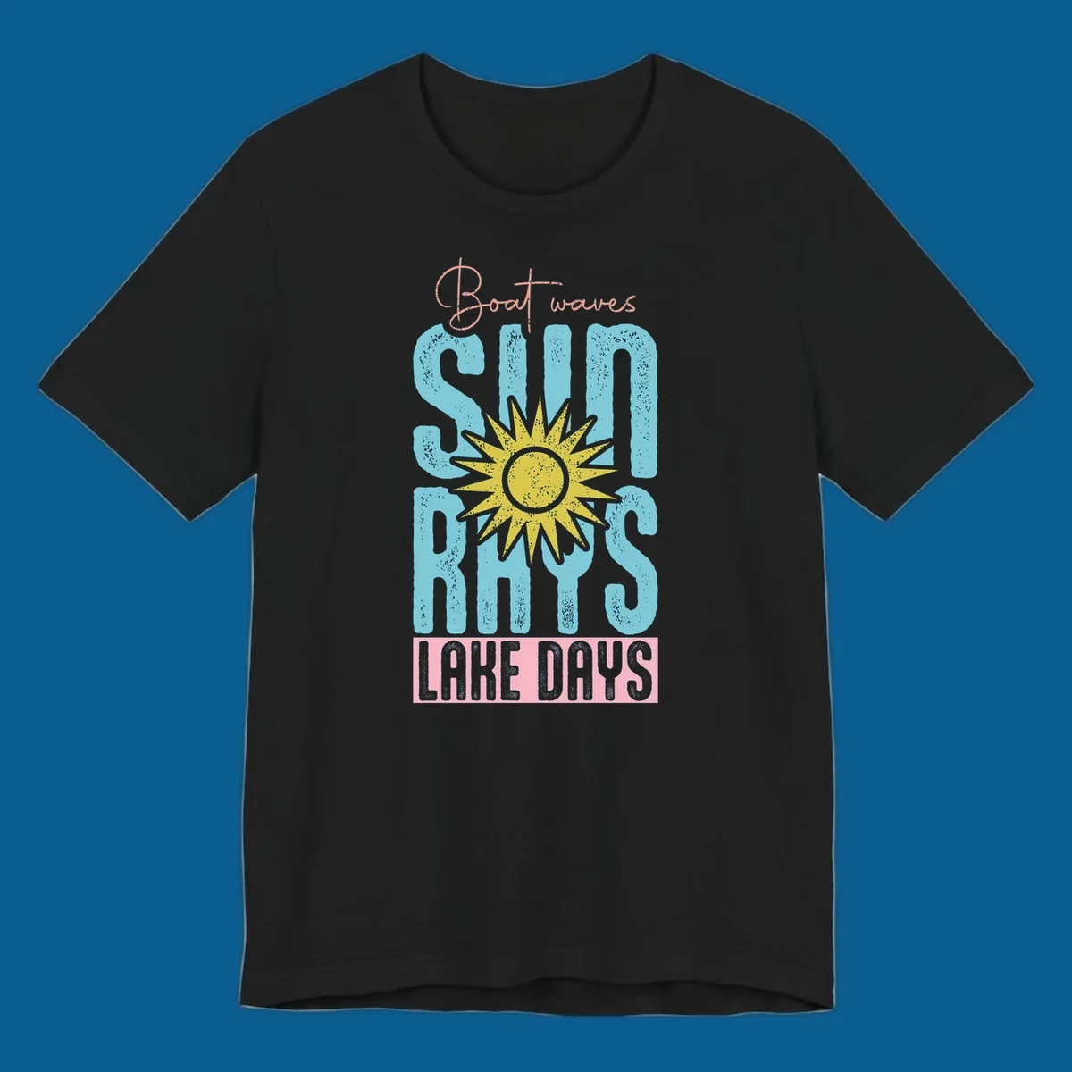 Boat waves sun rays lake days text design with a distressed sun illustration.