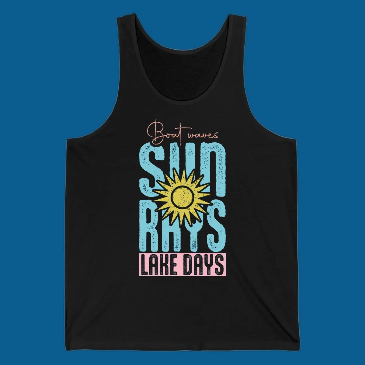 Boat waves sun rays lake days text design with a distressed sun illustration.