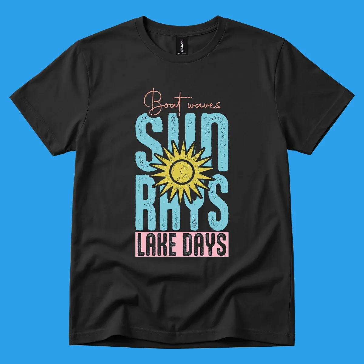 Boat waves sun rays lake days text design with a distressed sun illustration.