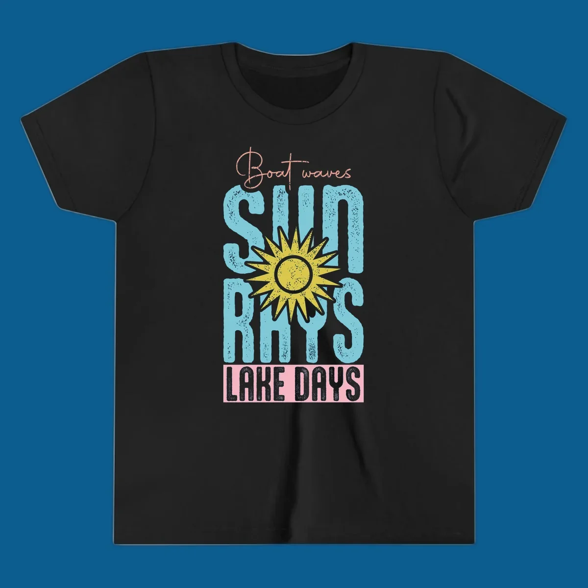 Boat waves sun rays lake days text design with a distressed sun illustration.