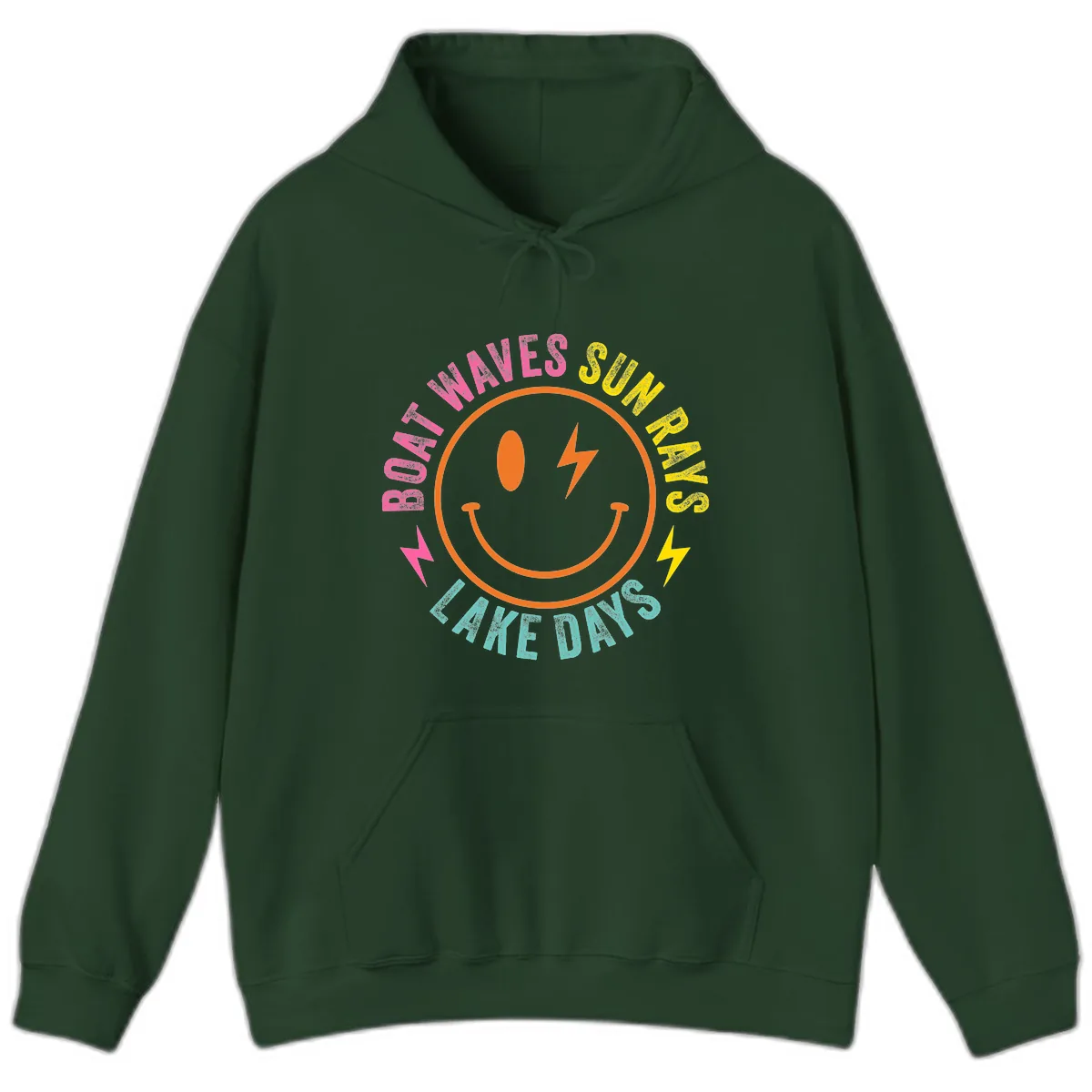 Smiley Face Lake Life Vibes Hoodie in Forest Green