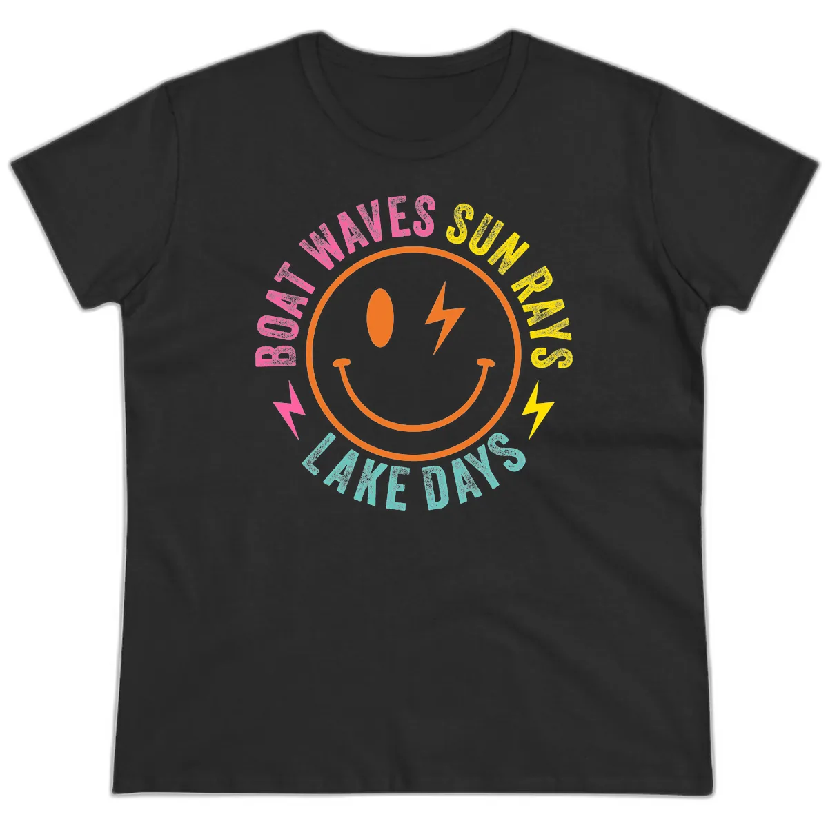 Smiley Face Lake Life Vibes Ladies Tee in Black