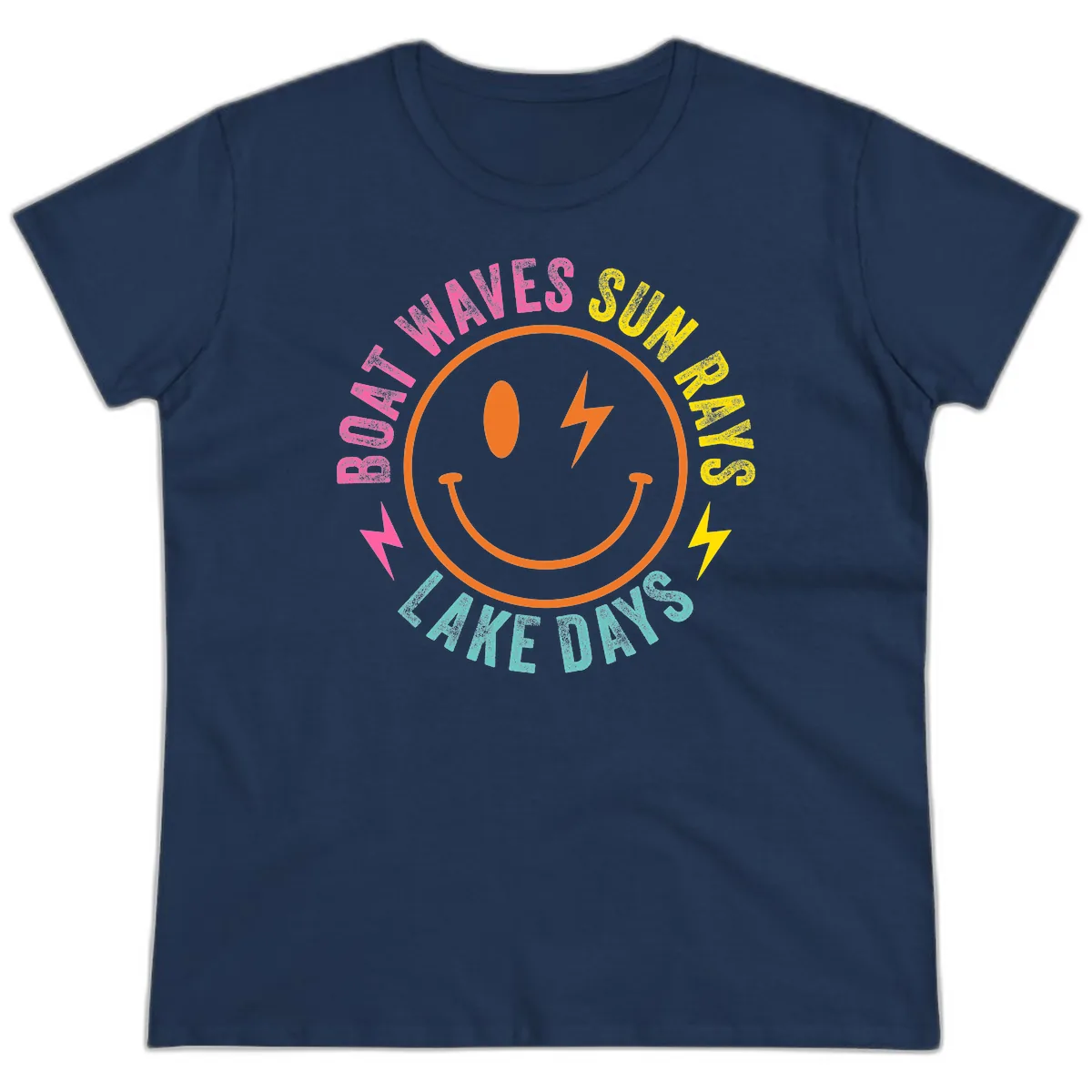 Smiley Face Lake Life Vibes Ladies Tee in Navy