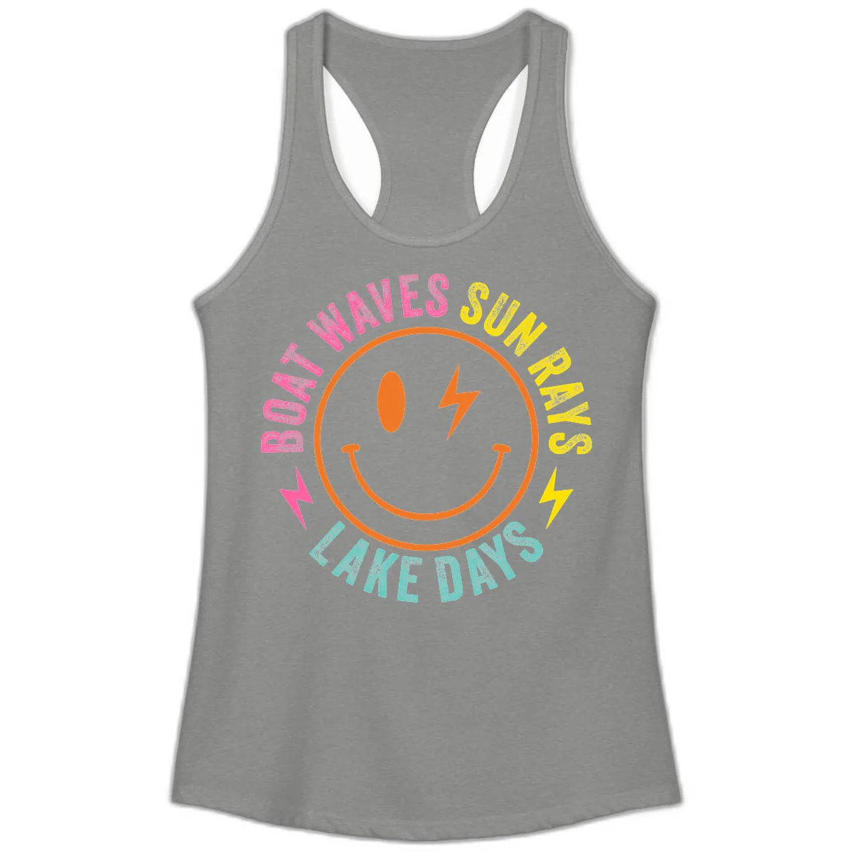 Smiley Face Lake Life Vibes Ladies Tank in Heather Grey