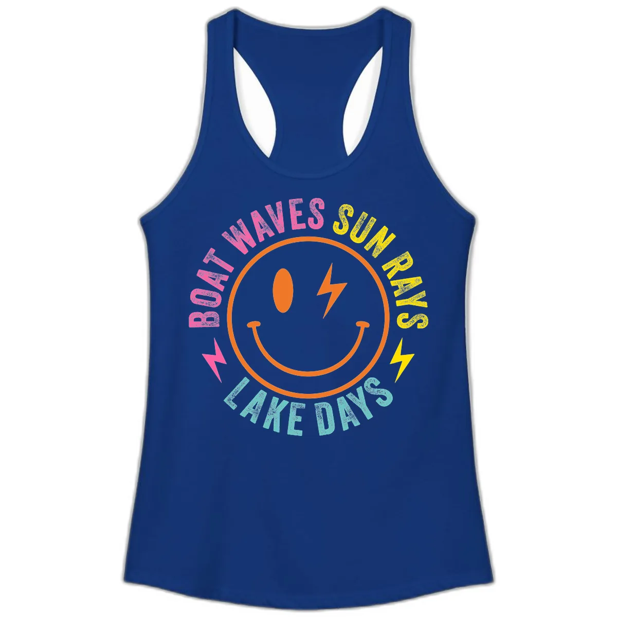 Smiley Face Lake Life Vibes Ladies Tank in Solid Royal