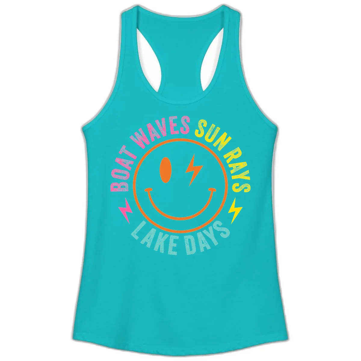 Smiley Face Lake Life Vibes Ladies Tank in Tahiti Blue