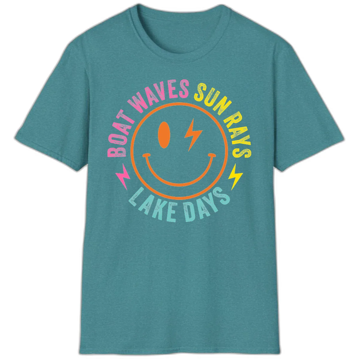 Smiley Face Lake Life Vibes T-Shirt in Heather Galapagos Blue