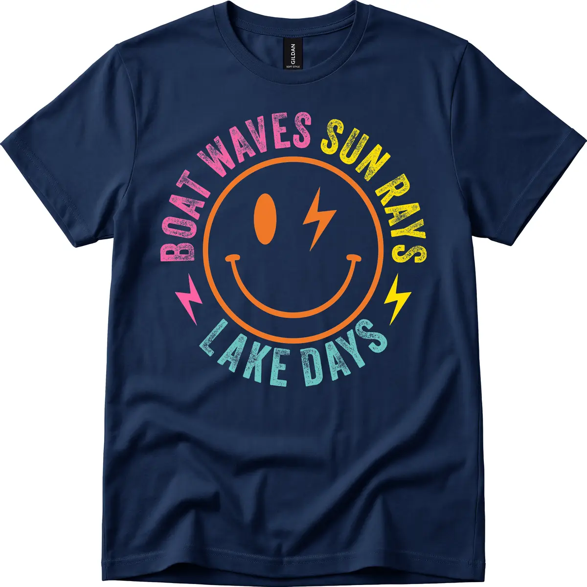 Smiley Face Lake Life Vibes T-Shirt in Navy