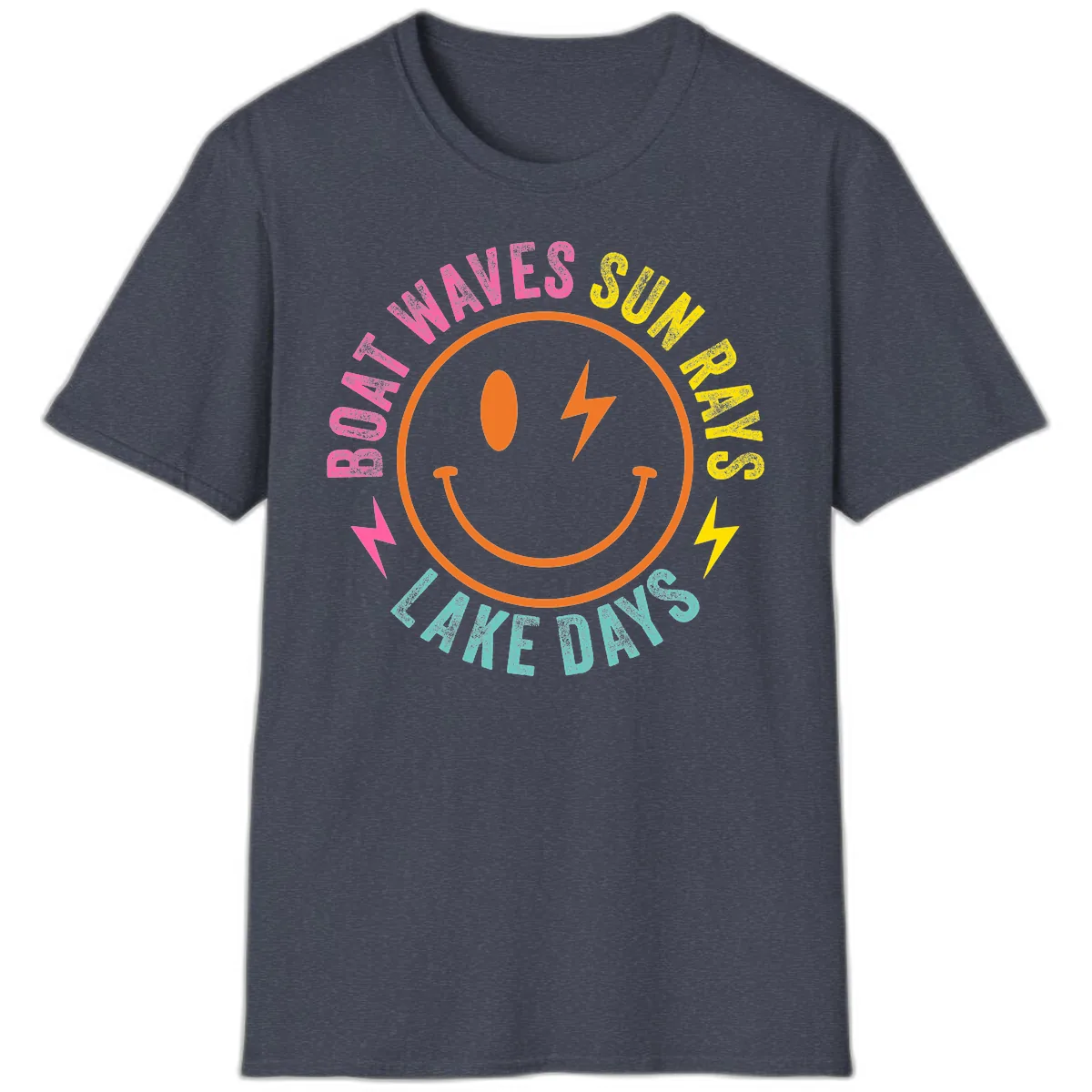 Smiley Face Lake Life Vibes T-Shirt in Heather Navy