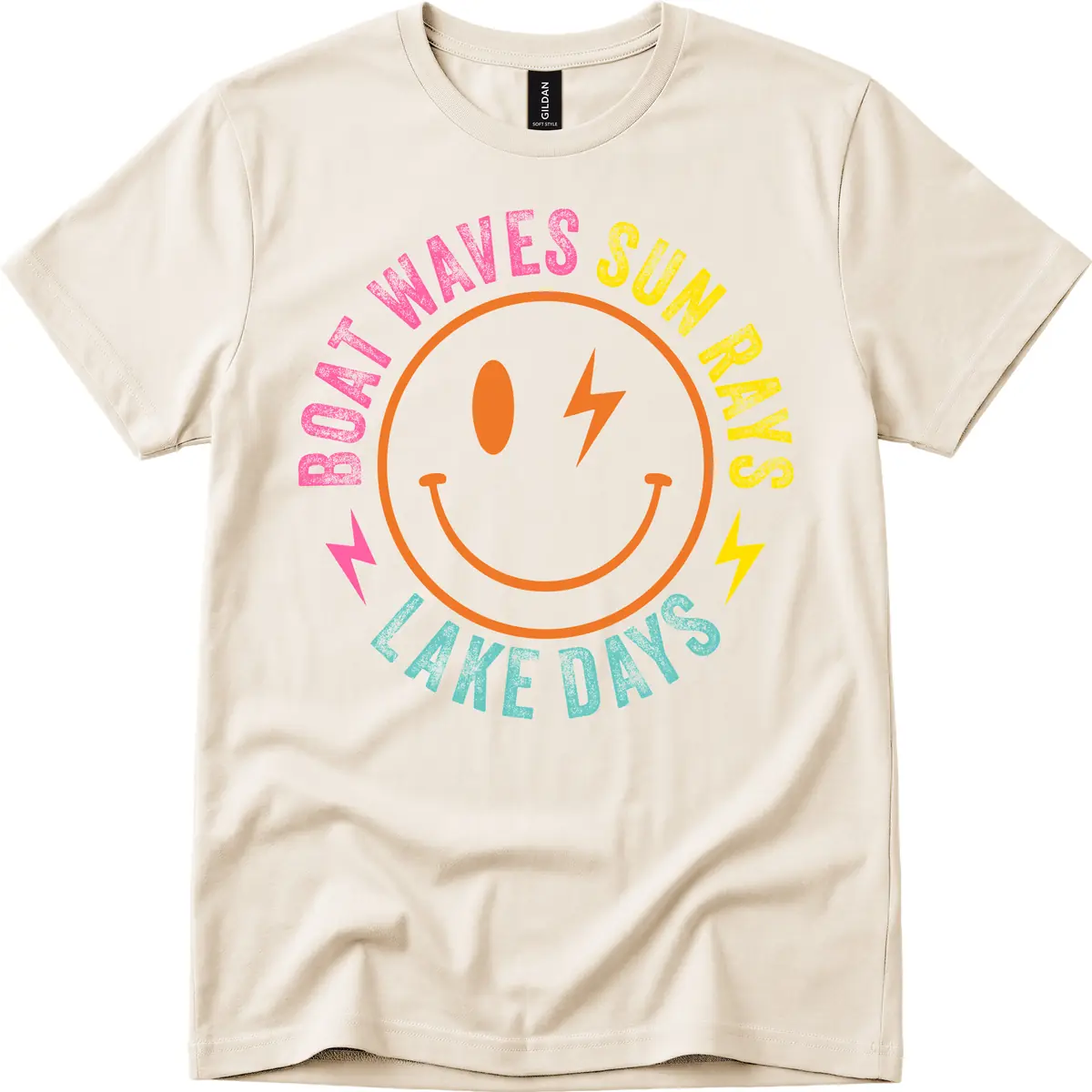 Smiley Face Lake Life Vibes T-Shirt in Natural