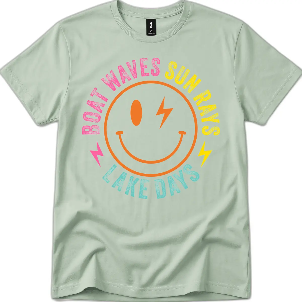 Smiley Face Lake Life Vibes T-Shirt in Sage