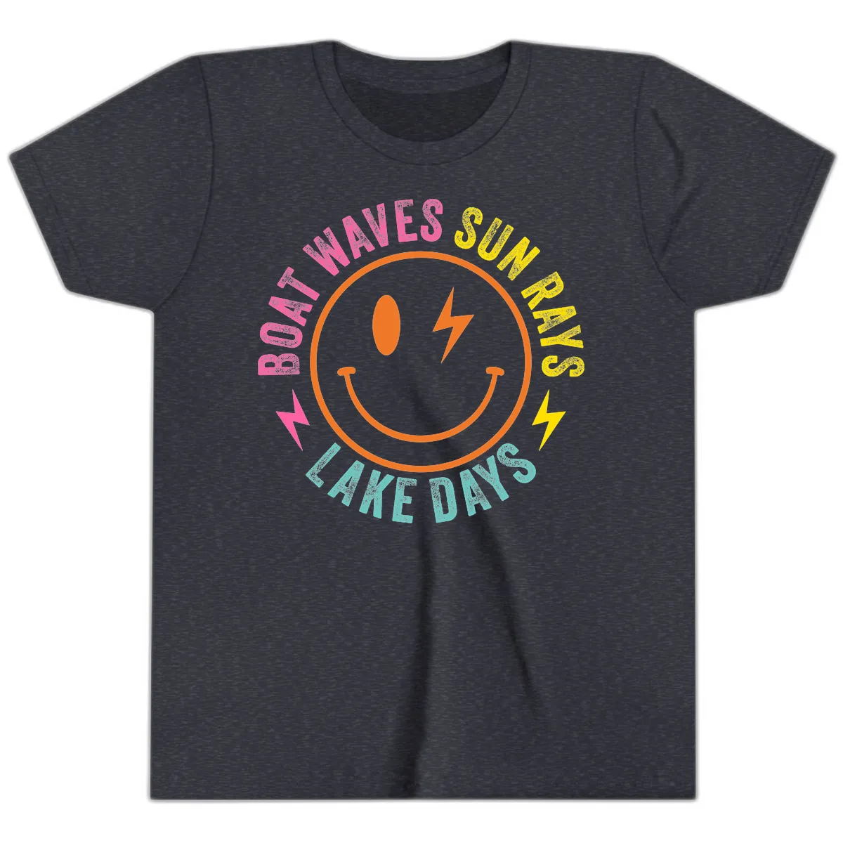 Smiley Face Lake Life Vibes Youth T-Shirt in Heather Navy