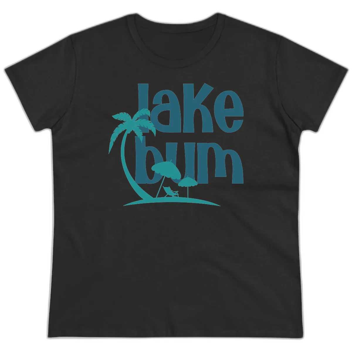 Lake Bum Palm Tree Scene Ladies Tee in Black
